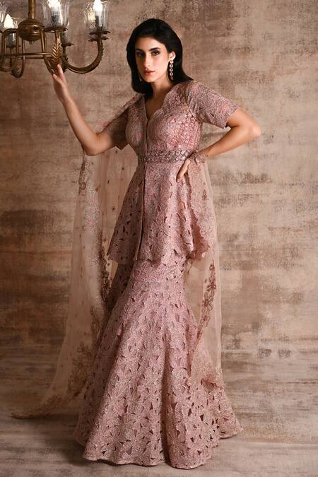 Shop_Geisha Designs_Pink Viscose Embroidered Amineh Cut-work Peplum Kurta Sharara Set  _Online_at_Aza_Fashions