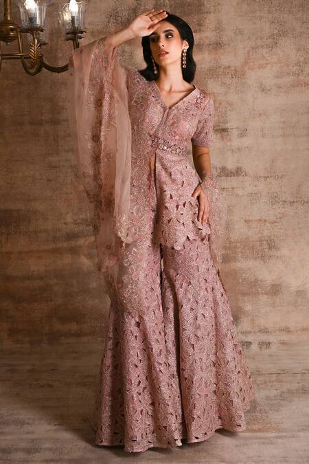 Geisha Designs_Pink Viscose Embroidered Amineh Cut-work Peplum Kurta Sharara Set  _at_Aza_Fashions