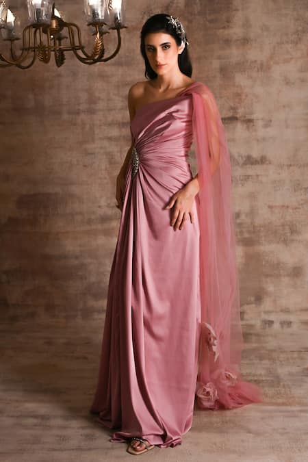 Buy_Geisha Designs_Pink Polyester Embroidered 3-d Applique One Delnaz Draped Gown  _Online_at_Aza_Fashions