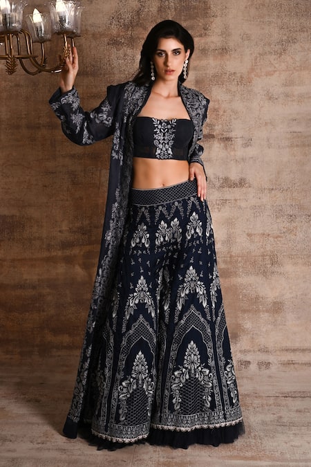 Shop_Geisha Designs_Blue Nylon Embroidered Thread Jacket Zainara Floral Vine Sharara  _Online_at_Aza_Fashions