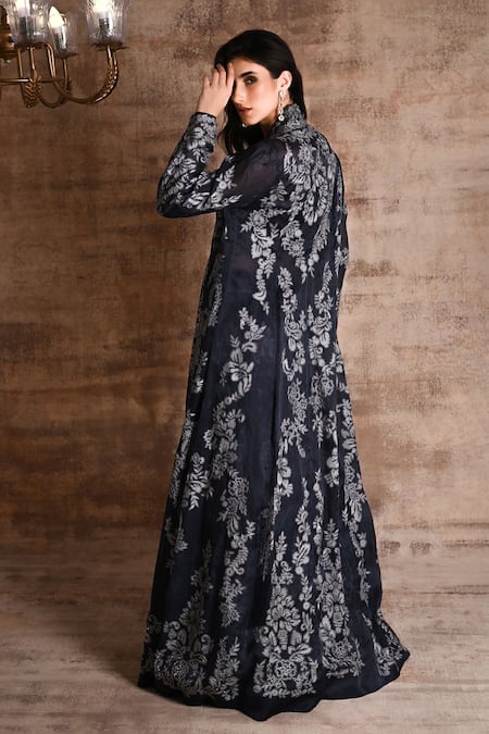 Geisha Designs_Blue Nylon Embroidered Thread Jacket Zainara Floral Vine Sharara  _at_Aza_Fashions