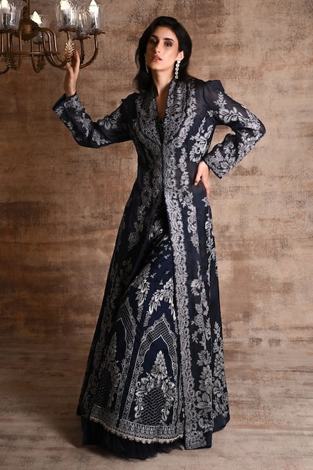 Buy_Geisha Designs_Blue Nylon Embroidered Thread Jacket Zainara Floral Vine Sharara  