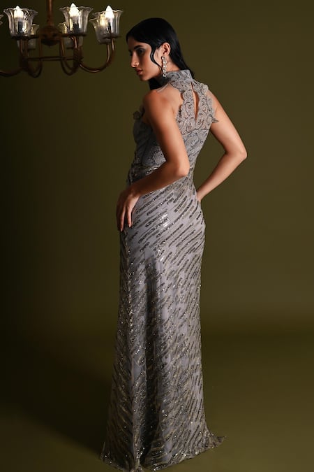 Shop Geisha Designs Grey Nylon Embroidered 3-d Applique Band Collar Elysia Swirl Gown at Aza Fashions Shop_Geisha Designs_Grey Nylon Embroidered 3-d Applique Band Collar Elysia Swirl Gown _at_Aza_Fashions