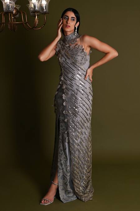 Buy Geisha Designs Grey Nylon Embroidered 3-d Applique Band Collar Elysia Swirl Gown Online at Aza Fashions Buy_Geisha Designs_Grey Nylon Embroidered 3-d Applique Band Collar Elysia Swirl Gown _Online_at_Aza_Fashions