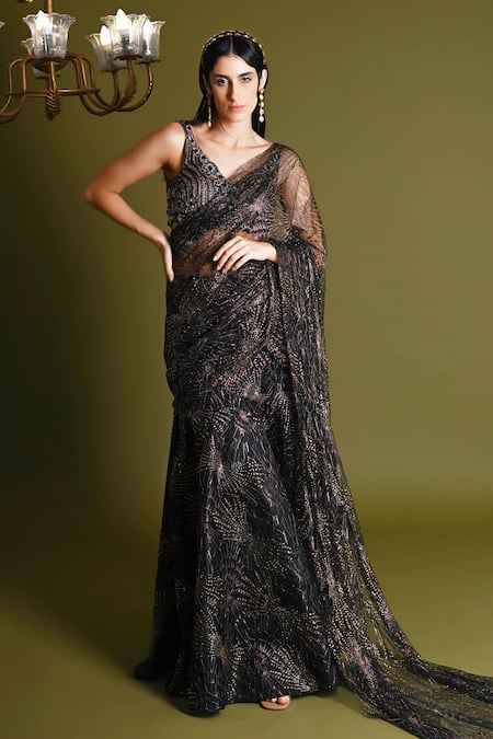 Geisha Designs Liora Lace Sequin Embellished Pre-Draped Saree Set