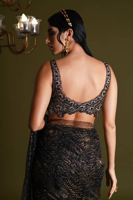 Geisha Designs_Black Nylon Embroidered Liora Lace Embellished Pre-draped Saree Set  _Online_at_Aza_Fashions