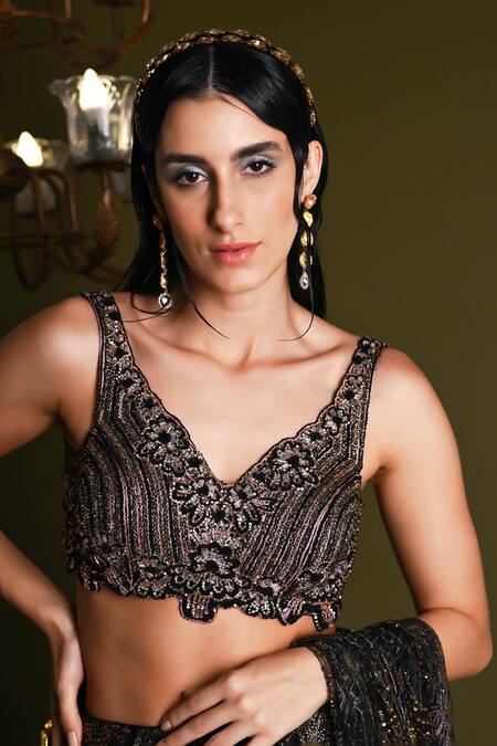 Buy_Geisha Designs_Black Nylon Embroidered Liora Lace Embellished Pre-draped Saree Set  _Online_at_Aza_Fashions