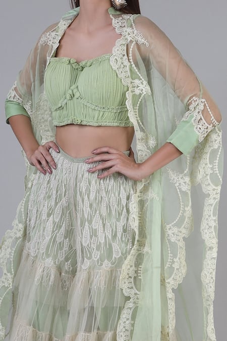 Geisha Designs_Green Blouse And Pant Alina Floral Scallop Cutwork Jacket Sharara Set  _Online_at_Aza_Fashions