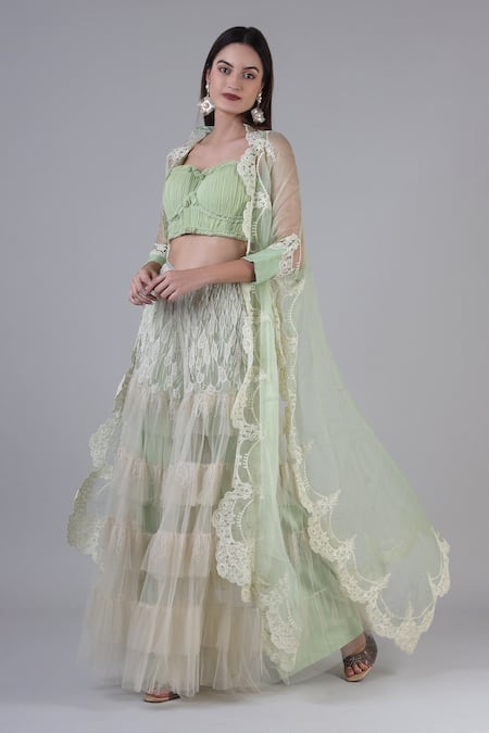 Buy_Geisha Designs_Green Blouse And Pant Alina Floral Scallop Cutwork Jacket Sharara Set  _Online_at_Aza_Fashions
