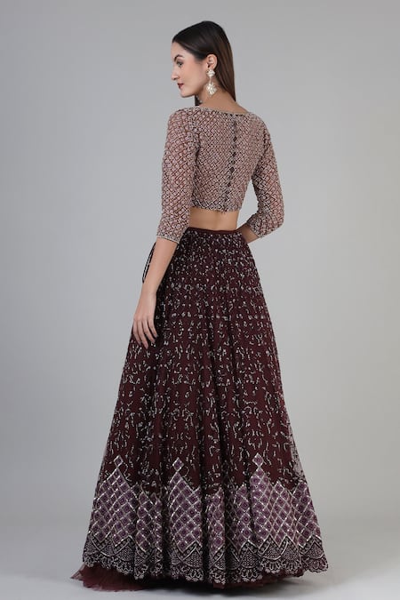 Shop Geisha Designs Purple Blouse And Lehenga Nylon & Viscose Isra Jaal Bridal Set at Aza Fashions Shop_Geisha Designs_Purple Blouse And Lehenga Nylon & Viscose Isra Jaal Bridal Set _at_Aza_Fashions