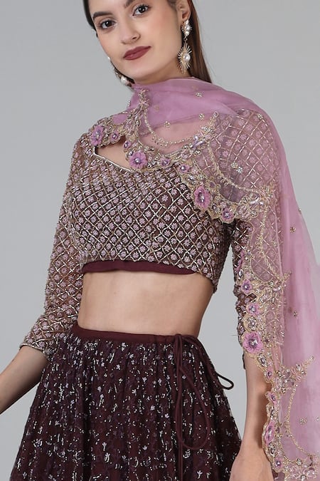 Geisha Designs Purple Blouse And Lehenga Nylon & Viscose Isra Jaal Bridal Set Online at Aza Fashions Geisha Designs_Purple Blouse And Lehenga Nylon & Viscose Isra Jaal Bridal Set _Online_at_Aza_Fashions