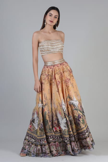 Geisha Designs Layla Bird Motif Print Embroidered Lehenga Set 