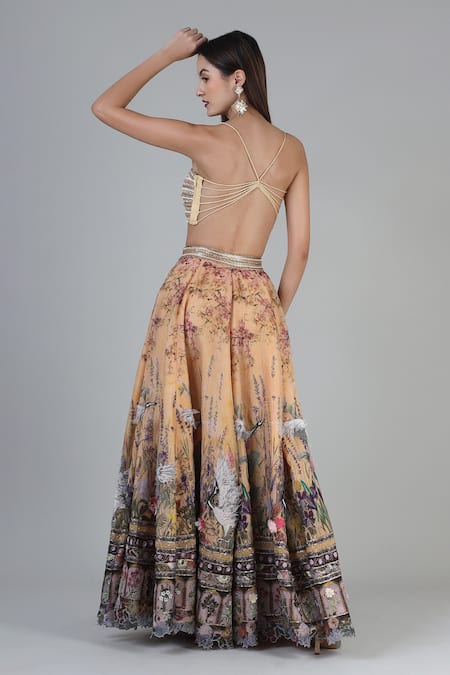 Geisha Designs Layla Bird Motif Print Embroidered Lehenga Set 