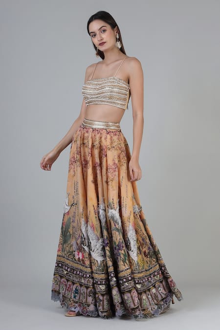 Buy Geisha Designs Gold Polyester, Cotton, Nylon, Layla Bird Motif Print Embroidered Lehenga Set Online at Aza Fashions Buy_Geisha Designs_Gold Polyester, Cotton, Nylon, Layla Bird Motif Print Embroidered Lehenga Set _Online_at_Aza_Fashions
