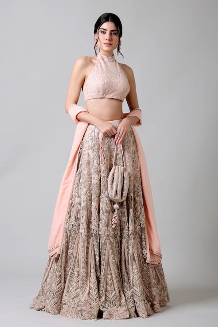 Geisha Designs Pink Lehenga Nylon And Viscose & Polyester Roisin Floral Jaal Set  