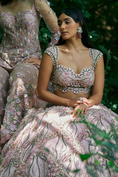 Geisha Designs_Pink Lehenga Nylon And Viscose Embroidered Thread 3d Fleur Bridal Set  _Online_at_Aza_Fashions