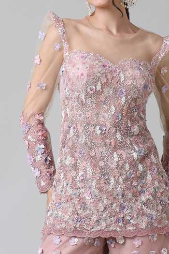 Geisha Designs_Pink Kurta Nylon And Polyester Zana Floral Emnbroidered Gharara Set  _Online_at_Aza_Fashions