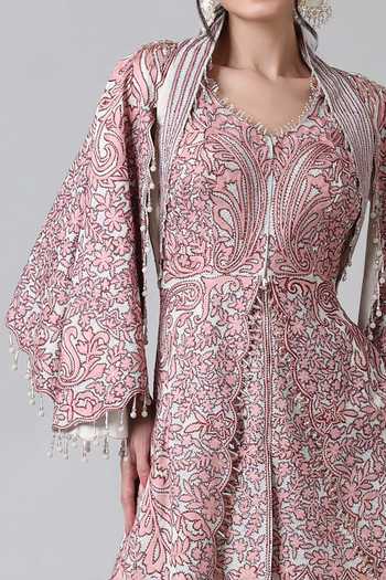 Geisha Designs_Pink Kurta Polyester And Viscose Shirin Cape Jacket & Sharara Set  _Online_at_Aza_Fashions
