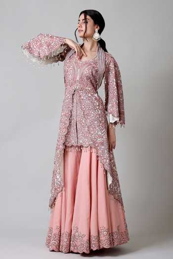 Buy_Geisha Designs_Pink Kurta Polyester And Viscose Shirin Cape Jacket & Sharara Set  _Online_at_Aza_Fashions