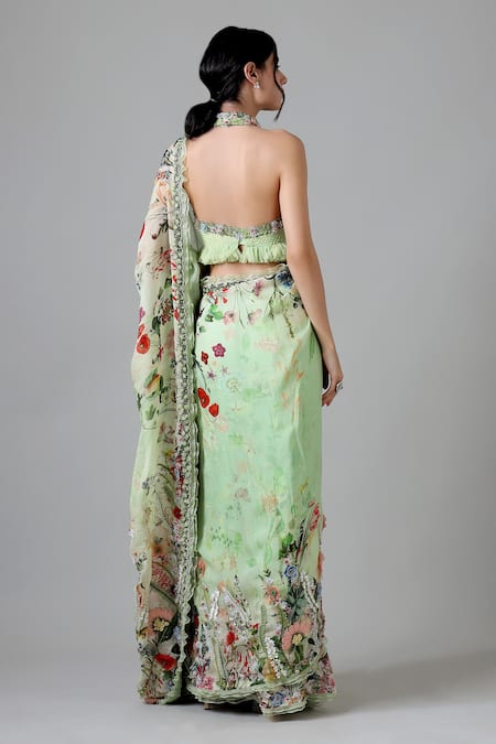 Shop_Geisha Designs_Green Viscose, Cotton Melissa Floral Print Frilled Border Saree With Blouse _at_Aza_Fashions