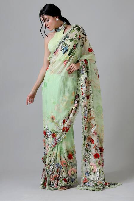 Buy_Geisha Designs_Green Viscose, Cotton Melissa Floral Print Frilled Border Saree With Blouse _Online_at_Aza_Fashions
