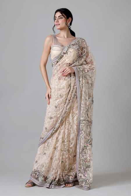 Buy_Geisha Designs_Beige Nylon, Silk, Cotton Stones Square Anaita Gardenia Embroidered Saree Set _Online_at_Aza_Fashions