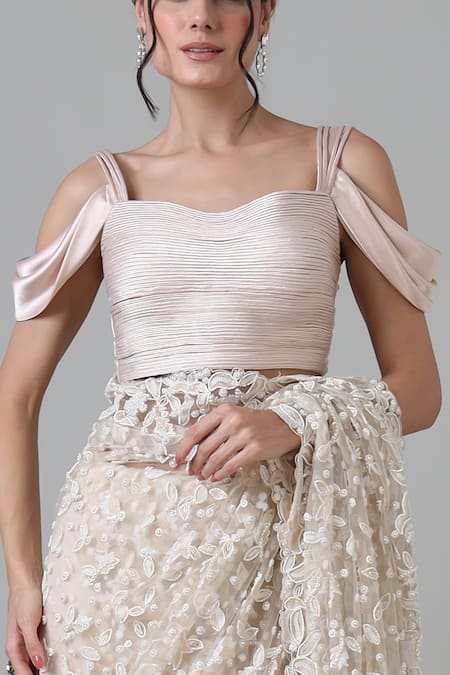 Buy_Geisha Designs_White Nylon, Viscose, Cotton Beads Sweetheart Neck Embroidered Lace Saree Set _Online_at_Aza_Fashions