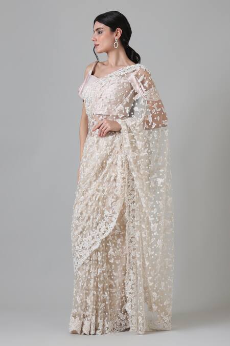 Shop_Geisha Designs_White Nylon, Viscose, Cotton Beads Sweetheart Neck Embroidered Lace Saree Set _Online_at_Aza_Fashions