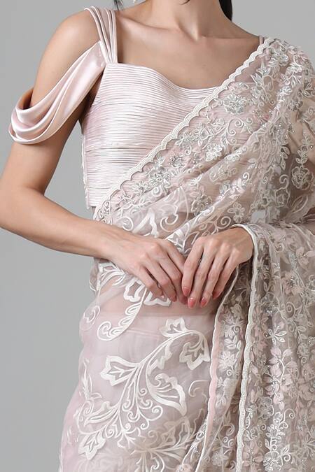 Geisha Designs_Pink Silk, Cotton, Nylon Beads, Piping Lisa Peony Garden Embroidered Saree Set _Online_at_Aza_Fashions