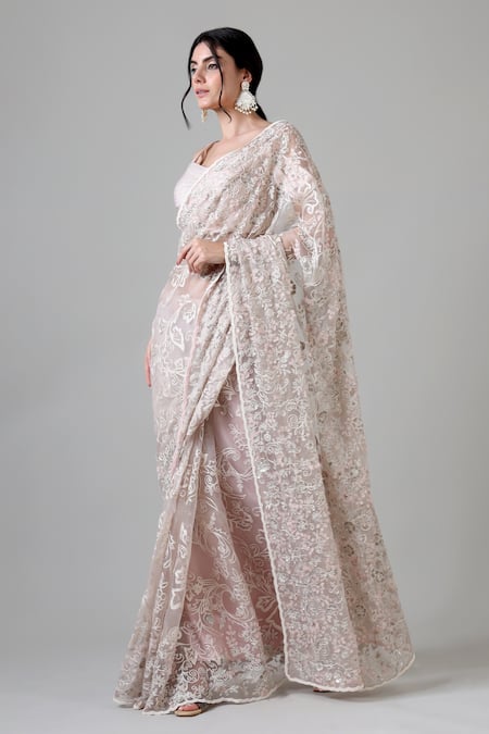 Buy_Geisha Designs_Pink Silk, Cotton, Nylon Beads, Piping Lisa Peony Garden Embroidered Saree Set _Online_at_Aza_Fashions