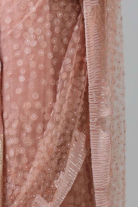 Geisha Designs_Pink Nylon, Silk, Cotton Beads V-neck Aya Rafflesia Pollen Embroidered Saree Set _Online_at_Aza_Fashions