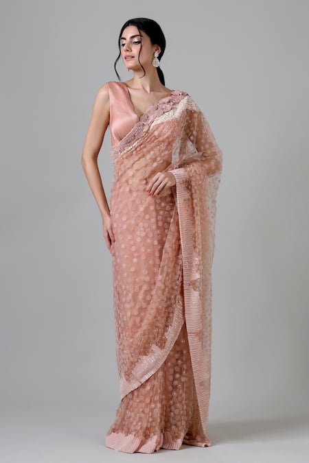 Buy_Geisha Designs_Pink Nylon, Silk, Cotton Beads V-neck Aya Rafflesia Pollen Embroidered Saree Set _Online_at_Aza_Fashions