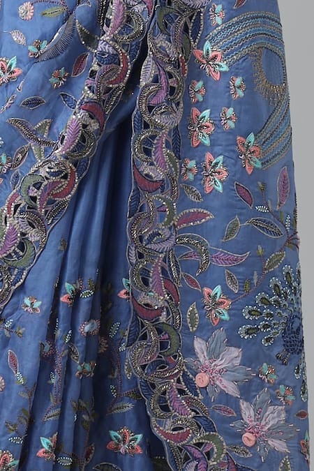 Buy_Geisha Designs_Blue Silk, Nylon, Cotton Stones, Matilda Mughal Fleur Embroidered Saree Set _Online_at_Aza_Fashions