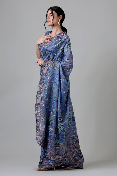 Shop_Geisha Designs_Blue Silk, Nylon, Cotton Stones, Matilda Mughal Fleur Embroidered Saree Set _Online_at_Aza_Fashions