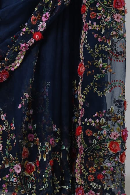 Buy_Geisha Designs_Blue Silk, Nylon Sequins, Embroidery Sweetheart Frances French Fleur Saree Set _Online_at_Aza_Fashions