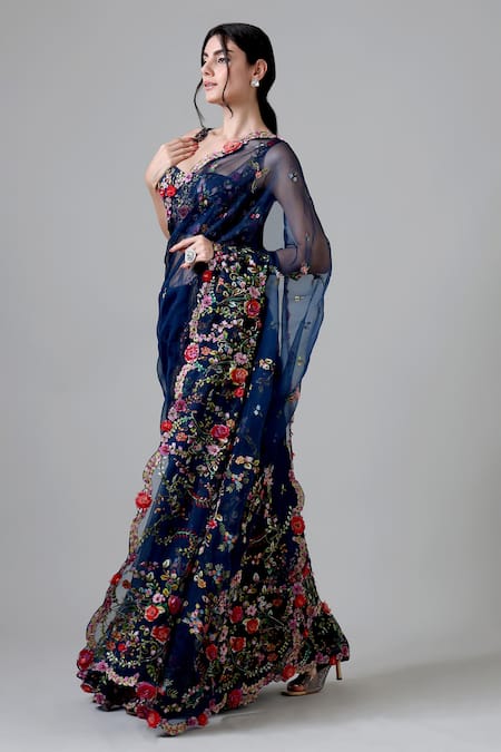 Shop_Geisha Designs_Blue Silk, Nylon Sequins, Embroidery Sweetheart Frances French Fleur Saree Set _Online_at_Aza_Fashions