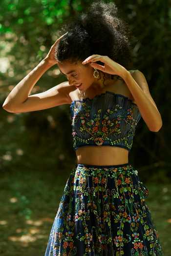 Geisha Designs_Blue Nylon, Viscose, Rayon, Silk Beads, Ophelia Florin Print Bridal Lehenga Set _Online_at_Aza_Fashions