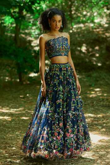 Buy_Geisha Designs_Blue Nylon, Viscose, Rayon, Silk Beads, Ophelia Florin Print Bridal Lehenga Set _Online_at_Aza_Fashions