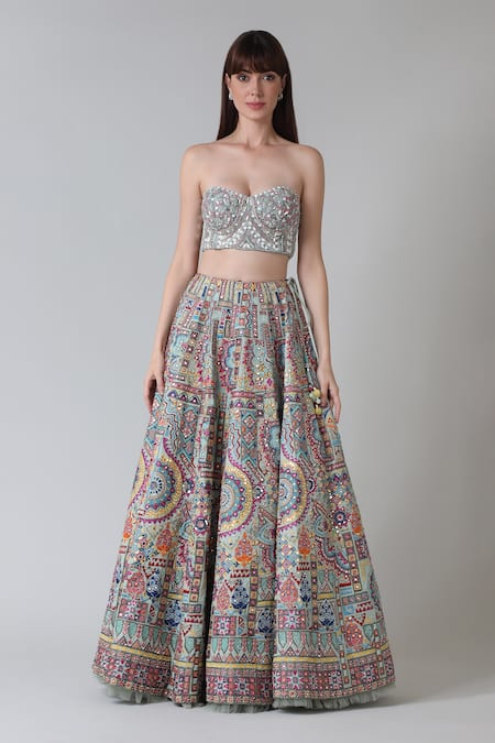 Geisha Designs Blue Viscose, Silk, Nylon Sequins, Mandala Art Embroidered Bridal Lehenga Set Online at Aza Fashions Geisha Designs_Blue Viscose, Silk, Nylon Sequins, Mandala Art Embroidered Bridal Lehenga Set _Online_at_Aza_Fashions
