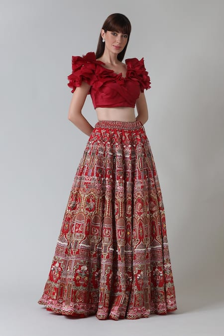 Geisha Designs Red Polyester, Viscose Raisa Persian Bird Era Lehenga With Ruffled Blouse