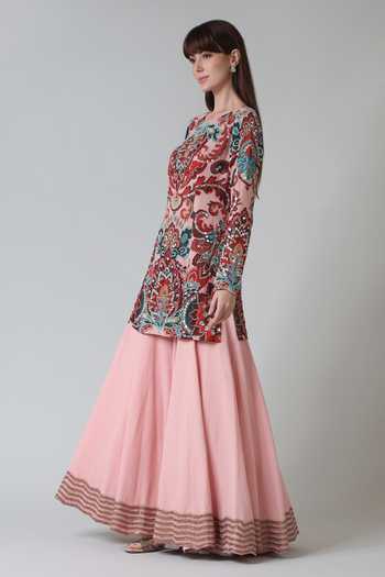 Shop Geisha Designs Red Viscose Aiza Damask Art Print Embellished Short Kurta Sharara Set Online at Aza Fashions Shop_Geisha Designs_Red Viscose Aiza Damask Art Print Embellished Short Kurta Sharara Set _Online_at_Aza_Fashions