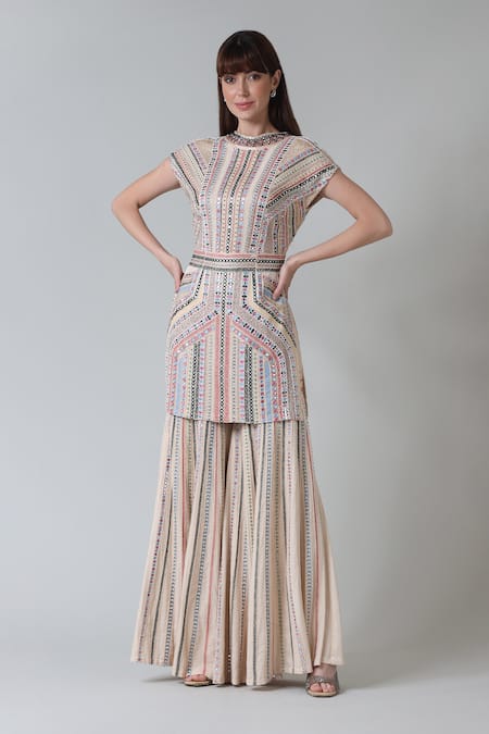 Geisha Designs Eman Aztec Mirror Embroidered Tunic With Sharara 