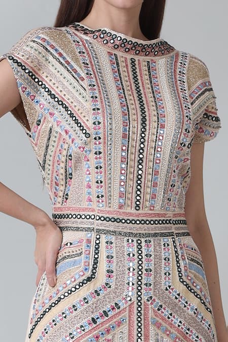 Geisha Designs_Beige Viscose Embroidery, Mirrors Boat Neck Eman Aztec Tunic With Sharara _Online_at_Aza_Fashions