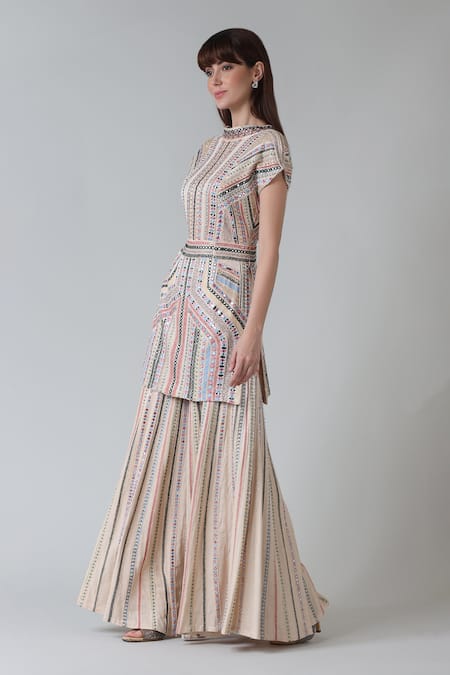 Buy_Geisha Designs_Beige Viscose Embroidery, Mirrors Boat Neck Eman Aztec Tunic With Sharara _Online_at_Aza_Fashions