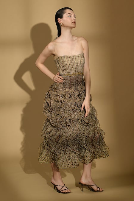 Buy_Geisha Designs_Beige Nylon Embroidered Illusion V Neck Angelique Structured Ruffle Dress _Online_at_Aza_Fashions