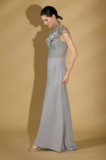 Geisha Designs Grey Rexine 3D Flowers Off Joselyn Structured Floral Bodice Gown| AZA Fashions| Cocktail