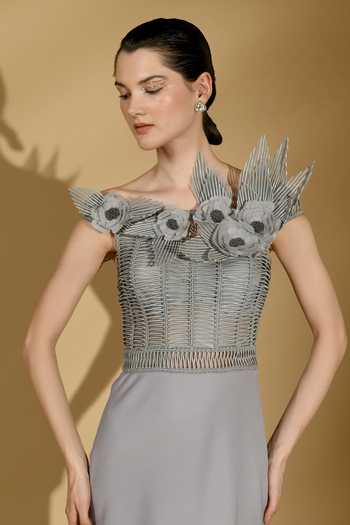 Geisha Designs Grey Rexine 3D Flowers Off Joselyn Structured Floral Bodice Gown| AZA Fashions| Cocktail
