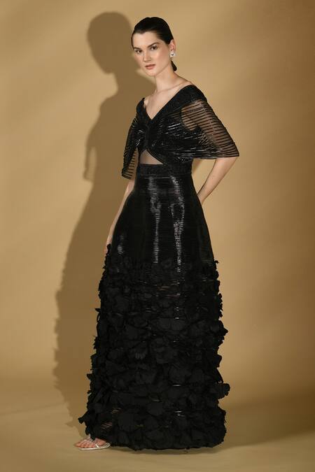 Buy_Geisha Designs_Black Nylon 3d Flowers Broad And Brigitta Pattern Structured Gown  _Online_at_Aza_Fashions