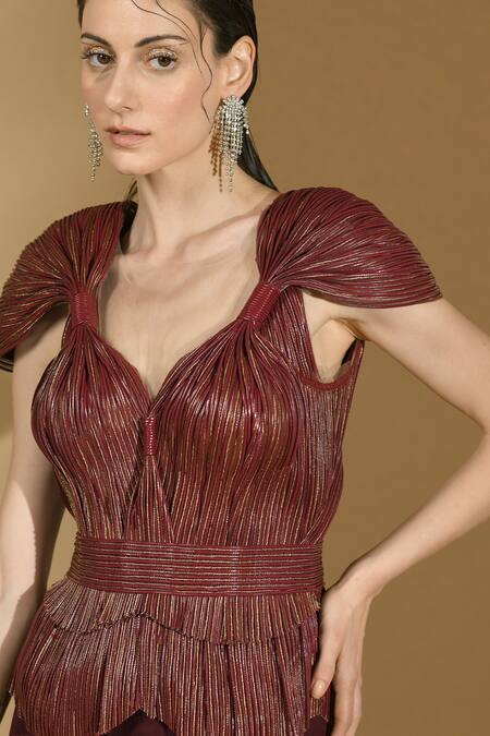 Geisha Designs_Maroon Nylon Taytum Structured Top And Trail Skirt Co-ord Set  _Online_at_Aza_Fashions