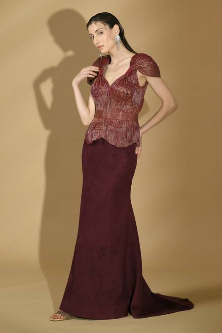 Buy_Geisha Designs_Maroon Nylon Taytum Structured Top And Trail Skirt Co-ord Set  _Online_at_Aza_Fashions